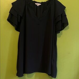 Like New Nanette Lepore navy blue sheer ruffled blouse